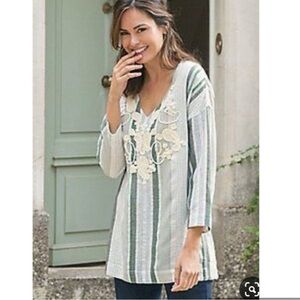 Soft Surroundings Manhattan Beach Blouse Tunic Embroidered Stripes Size Medium